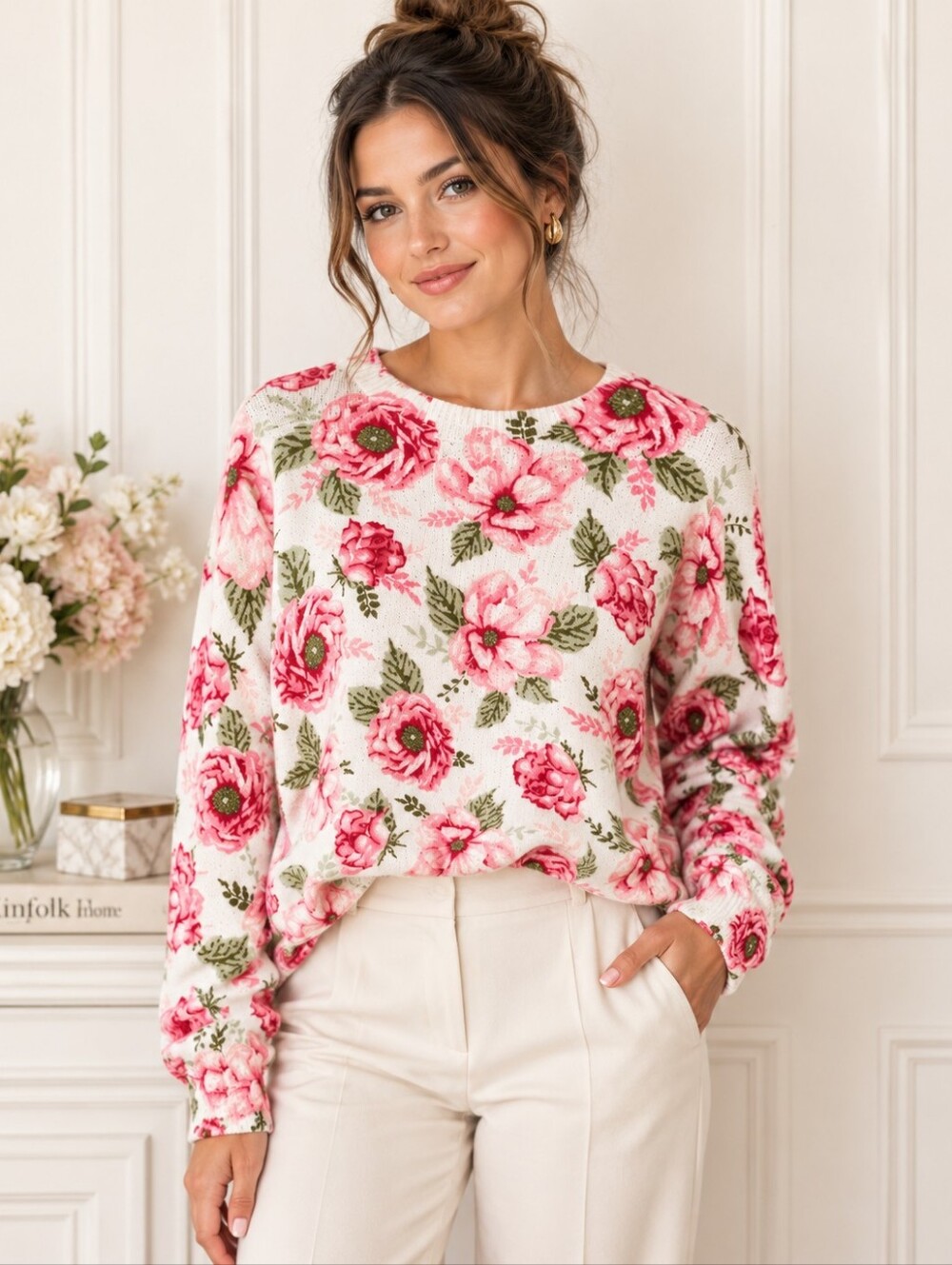 CeCe Floral Sweater Pink Rose Garden Print Feminine Cottagecore | Size XL